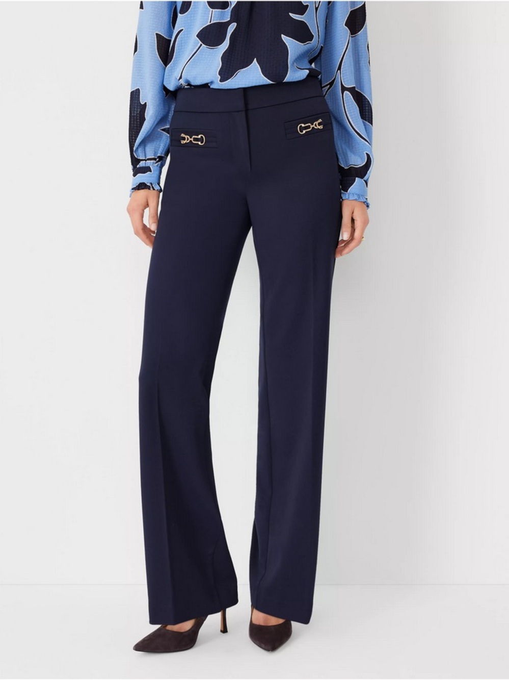 ANN TAYLOR NAVY BLUE CHAIN POCKET BOOT CUT PANTS